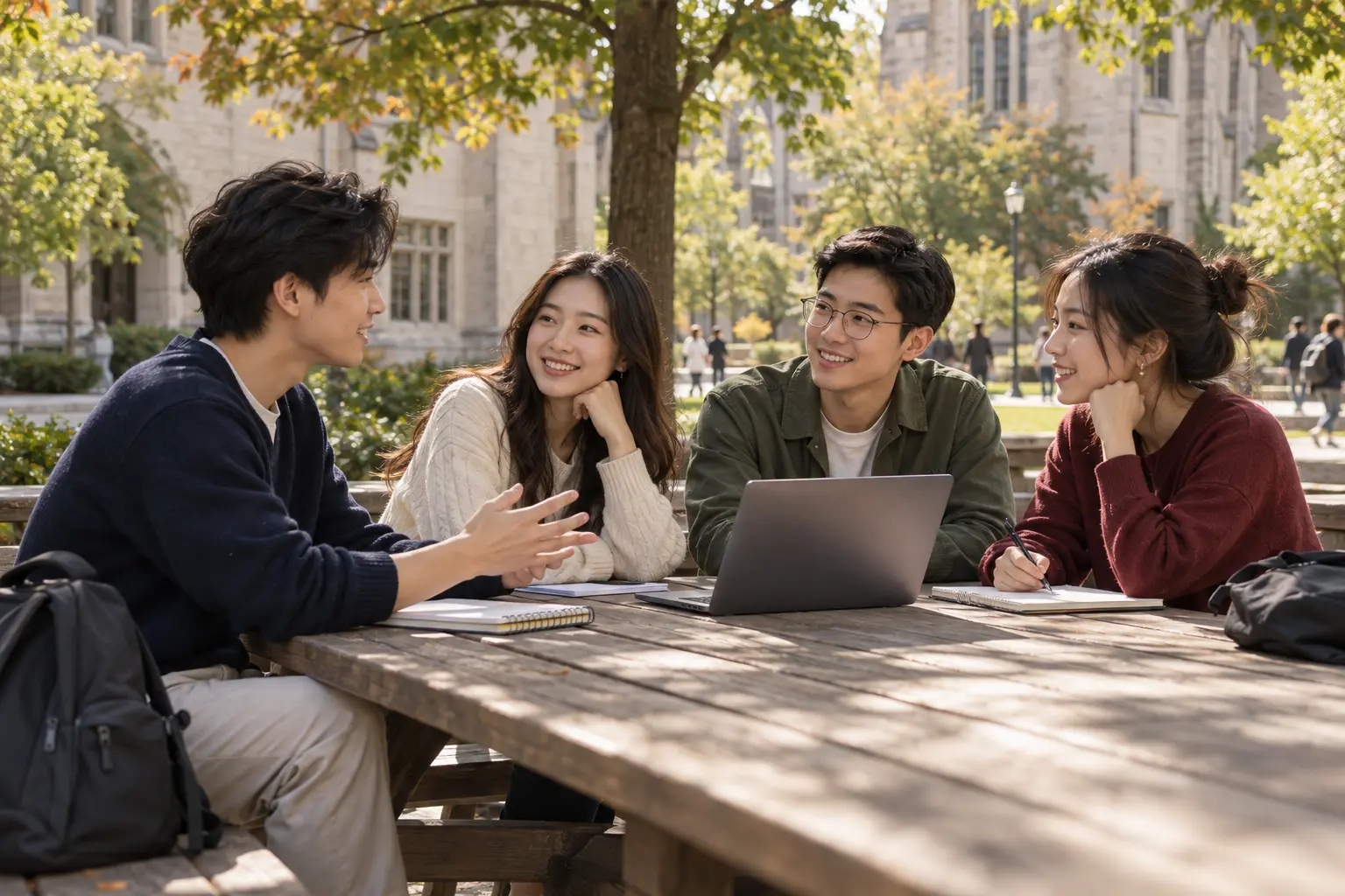 四位大学生围坐在校园庭院的桌旁，交流想法。